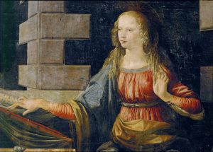 Leonardo da Vinci „Die Verkündigung“ (Ausschnitt Maria der Verkündigung) 217 x 98 cm