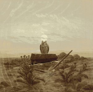 Caspar David Friedrich „Landschaft mit Grab Sarg und Eule“  38 x 38 cm