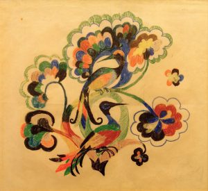 August Macke „Bunte Vögel in Bäumen, Entwurf für Stickerei“ 32 x 27 cm