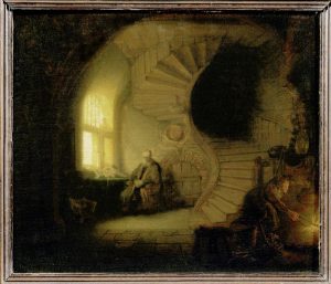 Rembrandt “Gelehrter im Raum mit Wendeltreppe“ 34 x 28 cm