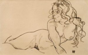 Egon Schiele „Sich aufstützender weiblicher Akt mit langem Haar“ 46 x 29 cm