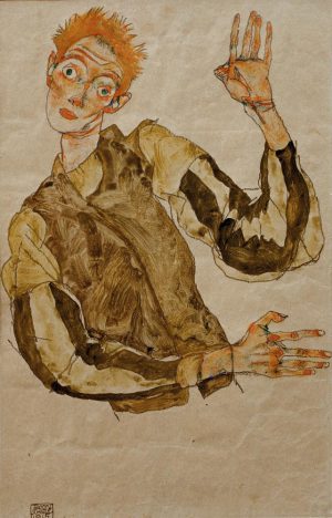 Egon Schiele „Selbstbildnis mit gestreiften Ärmelschonern“ 32 x 49 cm