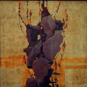 Egon Schiele „Stilisierte Blumen vor dekorativem Hintergrund“ 66 x 66 cm