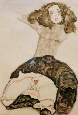 Egon Schiele „Schwarzhaariges Mädchen mit hochgeschlagenem Rock“ 38 x 56 cm