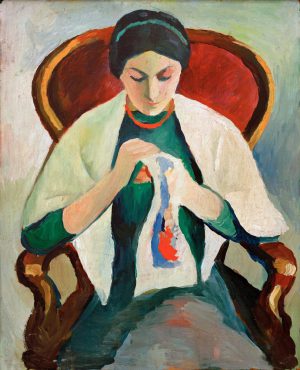 August Macke „Stickende Frau am Sessel: Porträt der Frau des Künstlers“ 45 x 55 cm