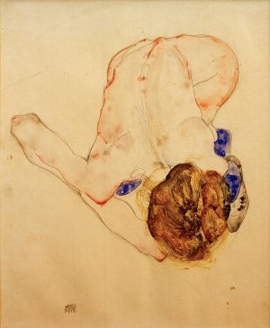 Egon Schiele „Nach vorn gebeugter Akt mit blauen Strümpfen“ 29 x 38 cm