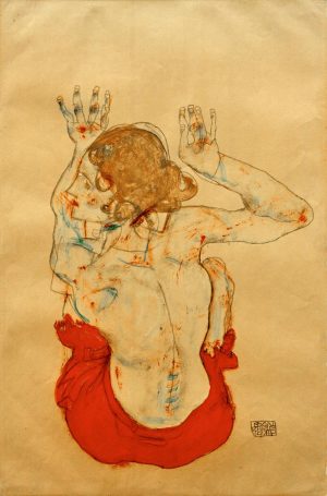 Egon Schiele „Sitzender weiblicher Rückenakt mit rotem Rock“ 32 x 48 cm