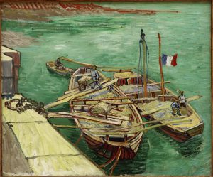 Vincent van Gogh “Rhonebarken” (Boote mit Sand ausladenden Maennern), 55,1 x 66,2 cm