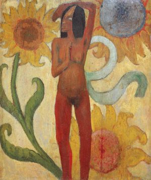 Paul Gauguin „Nackte Frauenfigur mit Sonnenblumen (Karibische Frau)“  54 x 64 cm