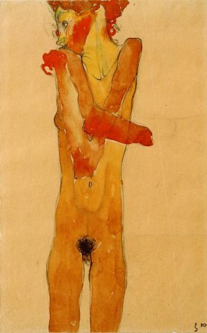 Egon Schiele „Mädchenakt mit vor der Brust verschränkten Armen“ 28 x 45 cm