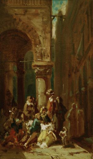 Spitzweg Carl „Fahrendes Volk: Schauspieler an der Loggia dei Lanzi in Flo“ 17 x 30 cm