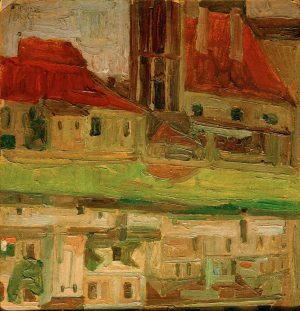 Egon Schiele „Jodokuskirche sich im Fluß spiegelnd in Krumau“ 26 x 27 cm