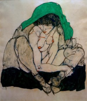 Egon Schiele „Kauernde mit grünem Kopftuch“ 31 x 47 cm