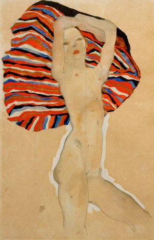 Egon Schiele „Mädchenakt gegen farbiges Tuch“ 31 x 48 cm