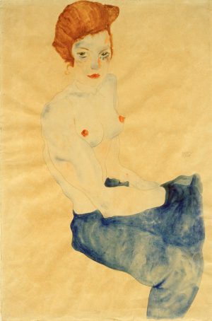Egon Schiele „Sitzendes Mädchen nackt mit hellblauem Rock“ 32 x 48 cm