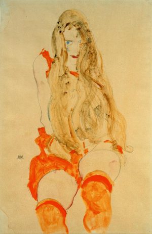 Egon Schiele „Sitzendes Mädchen mit orangefarbenem Kleid“ 31 x 48 cm