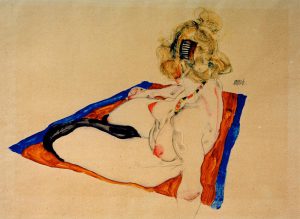 Egon Schiele „Blondes Aktmodel auf braunem blau gerändertem Tuch“ 48 x 32 cm