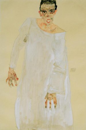 Egon Schiele „Selbstbildnis in langem weißen Gewand Rufender“ 32 x 48 cm