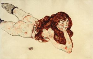 Egon Schiele „Am Bauch liegender weiblicher Akt mit offenem rotem Haar“ 46 x 30 cm