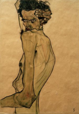 Egon Schiele „Selbstbildnis mit Arm über Kopf gezogen“ 32 x 45 cm