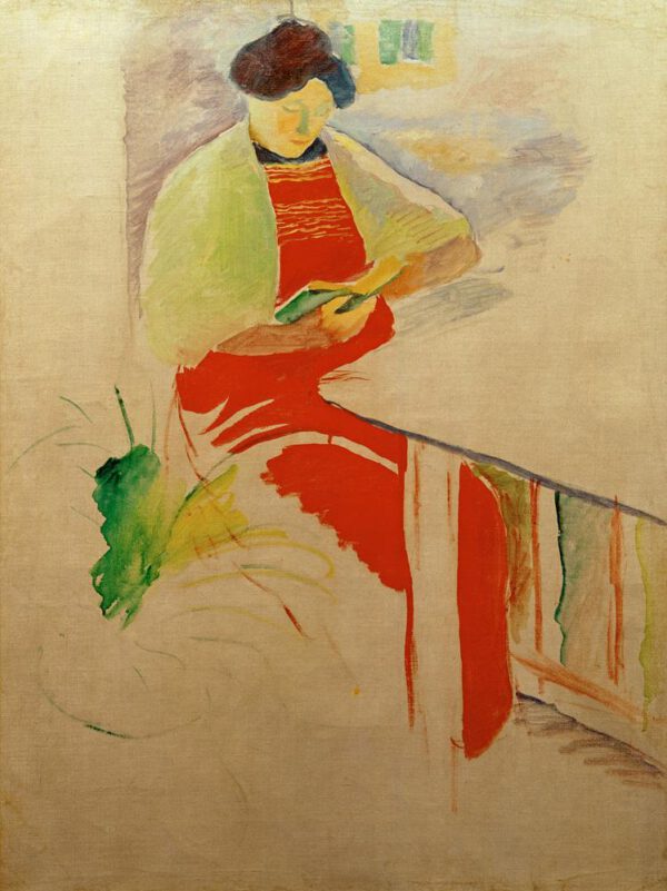 August Macke "Frau mit roter Schürze auf Balkon (Elisabeth)" 49 x 67 cm