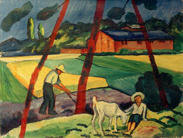 August Macke "Landschaft mit Bauer, Junge und Ziege" 69 x 53 cm