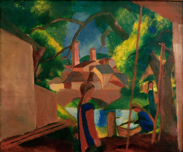 August Macke "Kinder am Brunnen mit Stadt im Hintergrund" 75 x 63 cm