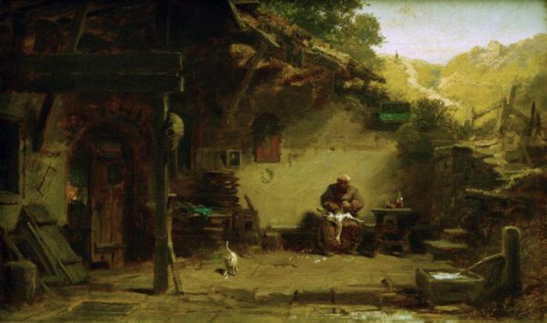 Spitzweg Carl "Alter Mönch, vor seiner Klause eine Gans rupfend" 30 x 19 cm