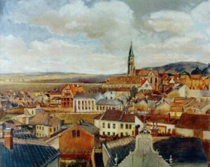 Egon Schiele "Blick vom Zeichensaal des Realgymnasiums auf Klosterneuburg" 46 x 37 cm