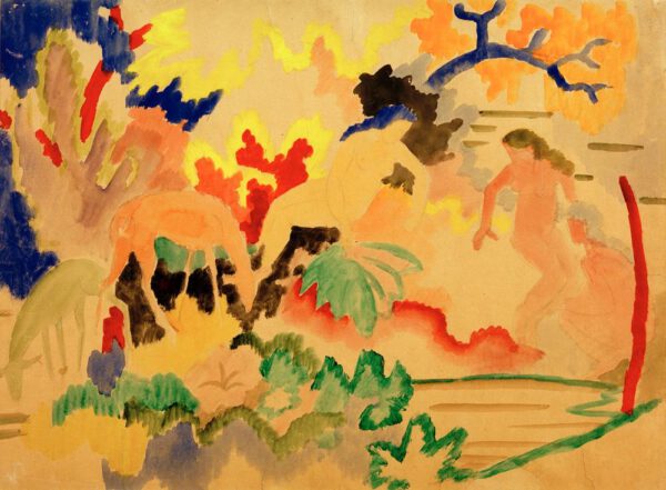 August Macke "Drei Akte mit Rehen am Wasser" 49 x 37 cm