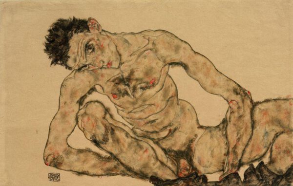 Egon Schiele "Selbstbildnis als Akt hockend" 46 x 30 cm