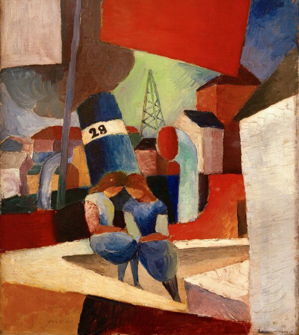 August Macke "Hafenbild mit Kindern auf der Mauer: Duisburger Hafen" 42 x 49 cm